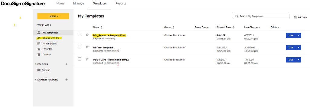 Screenshot of the Docusign Template page