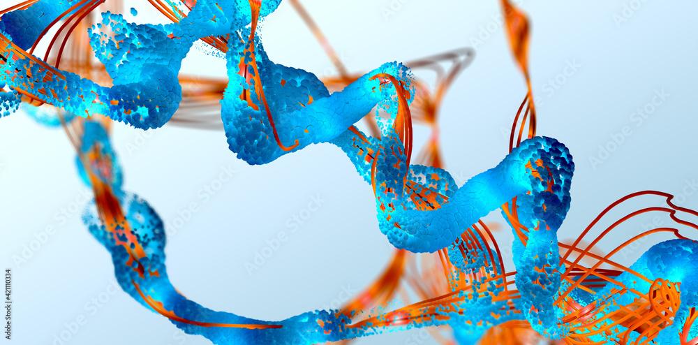 Blue and orange spirals against a light blue background.